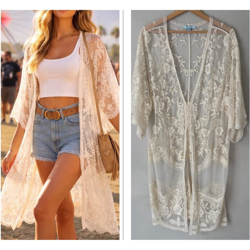 Sheer Floral Lace Embroidered Kimono Top Cardigan Duster S/M Boho Festival Layer
